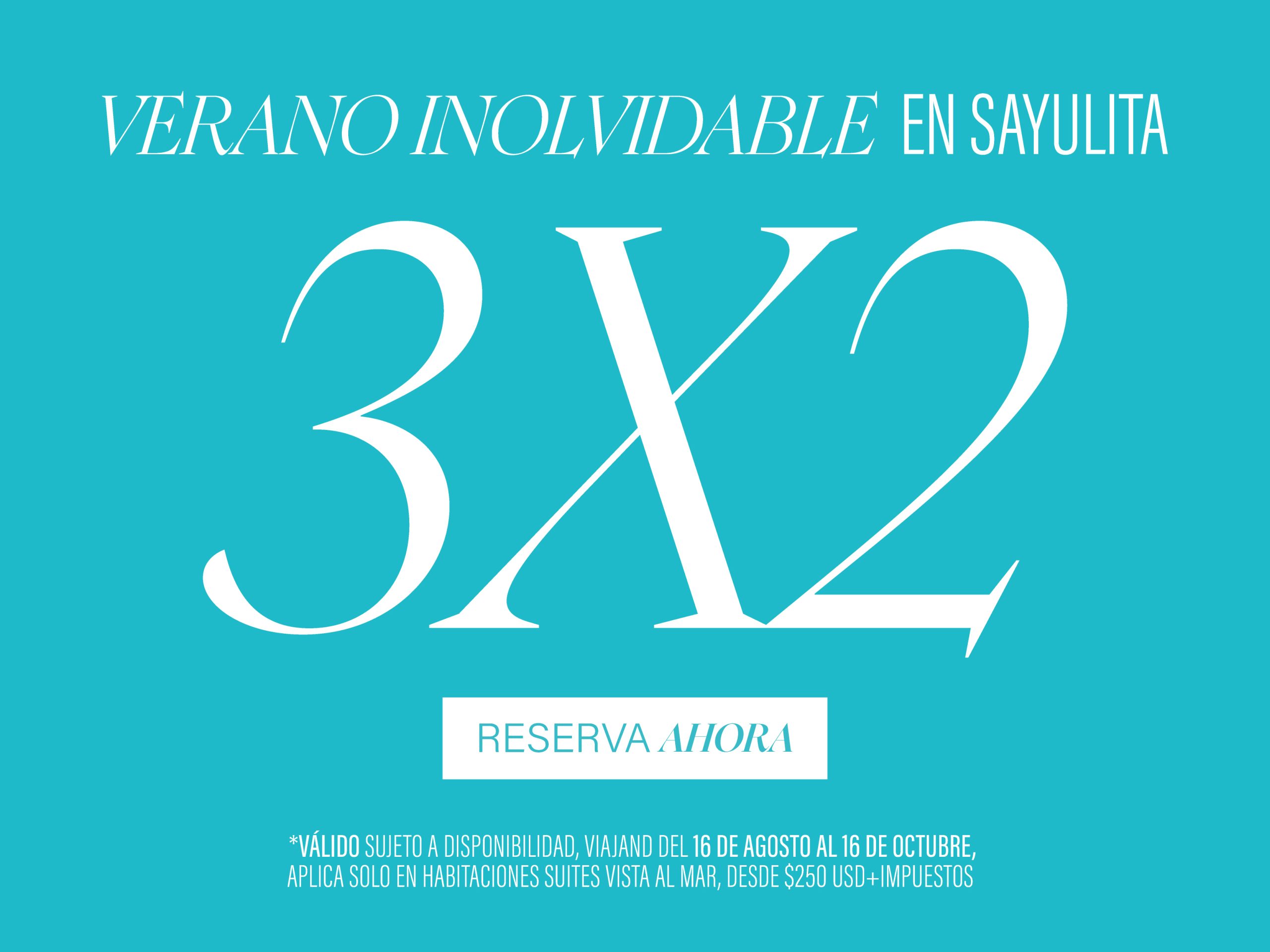 Promoción 3x2 en Ysuri Sayulita para verano 2024, fondo turquesa con tipografía elegante